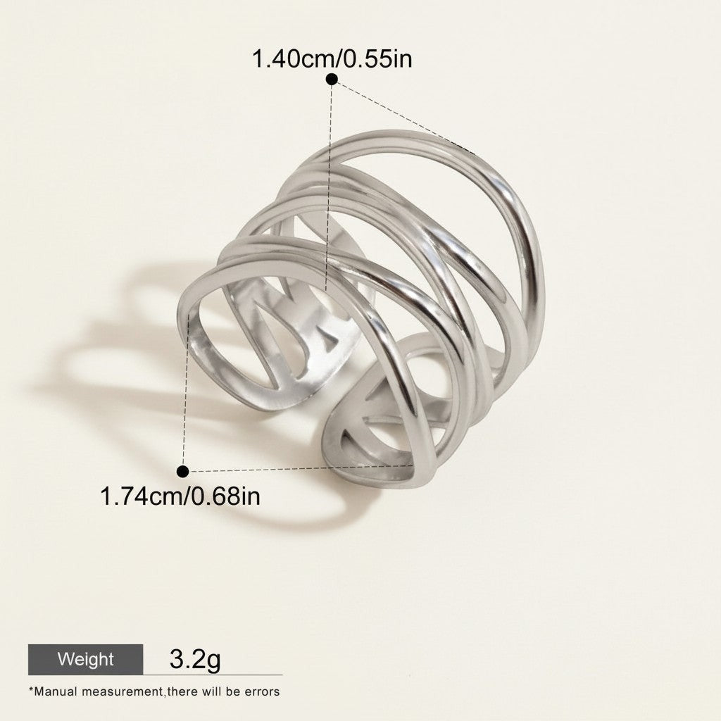 Seraphina Treasures Drusilla silver-tone stainless steel ring with layered, open-work skeleton design. Waterproof and hypoallergenic.