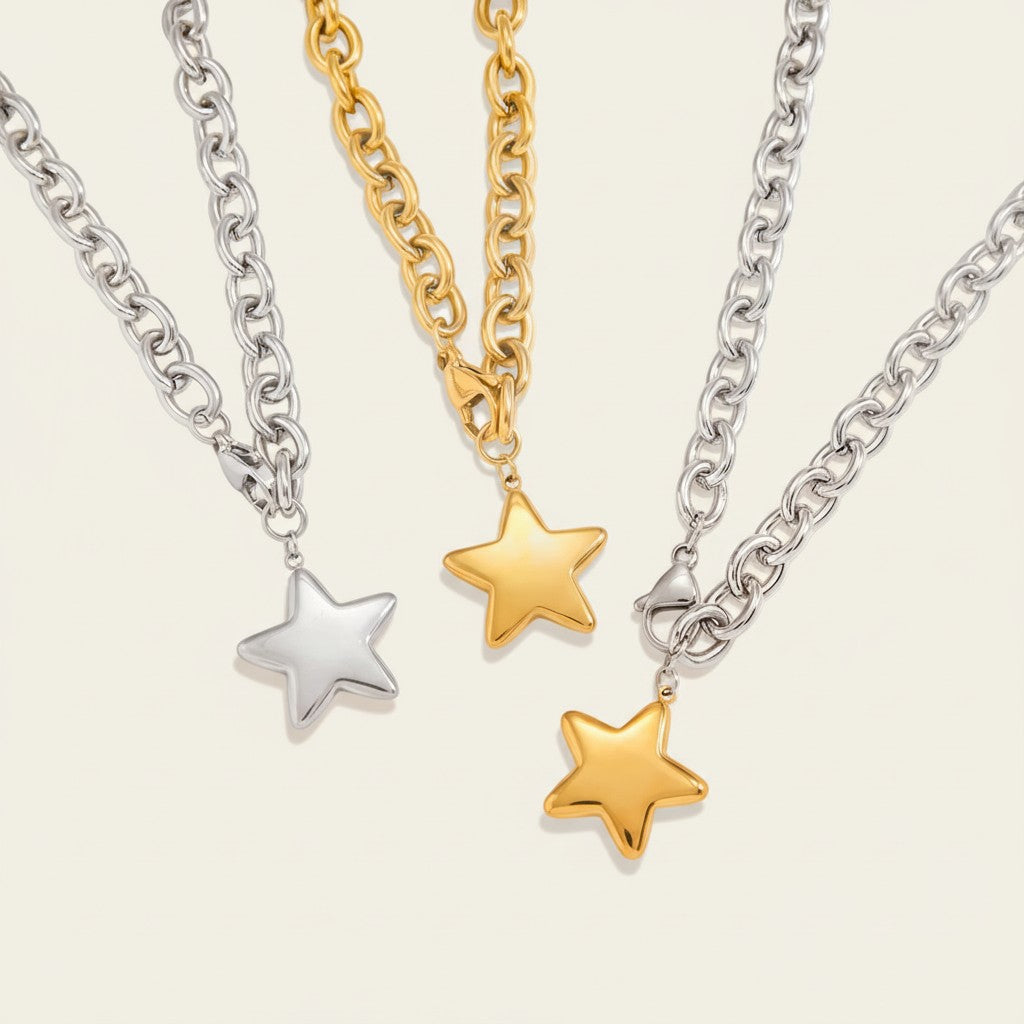 Seraphina Treasures Dulcia necklace with a polished star pendant in gold or silver finish, chunky chain.