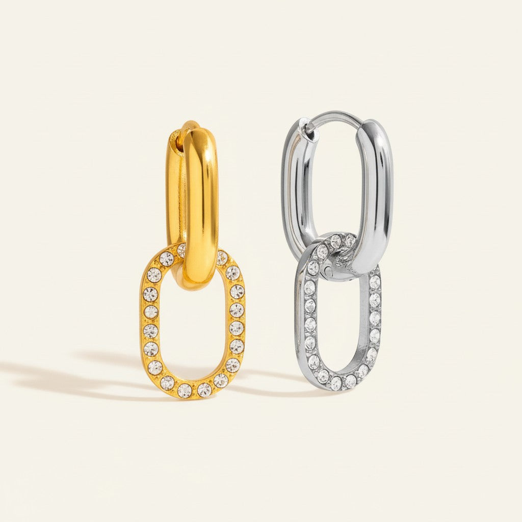 Seraphina Treasures Dynara gold and silver link earrings with cubic zirconia.