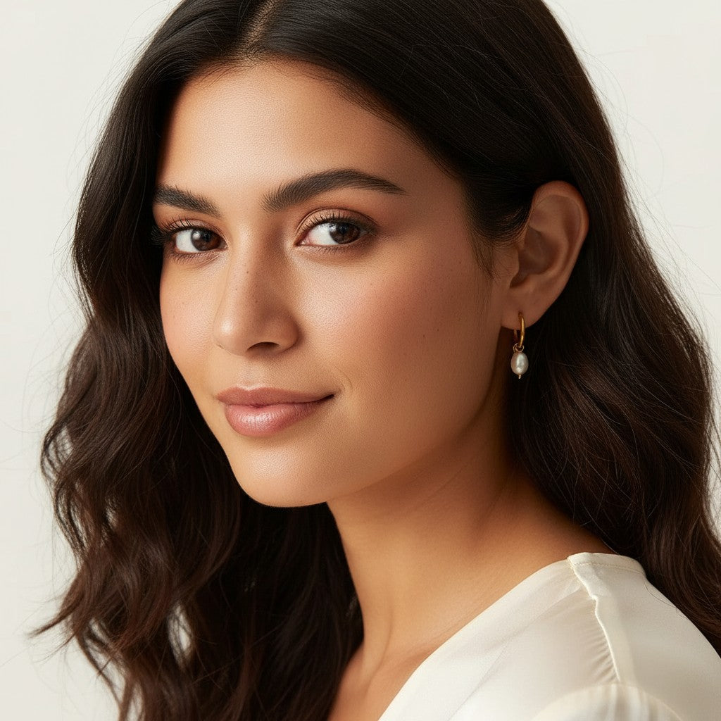 Seraphina Treasures Eclipsia gold hoop earrings with freshwater pearl drop and star detail.
