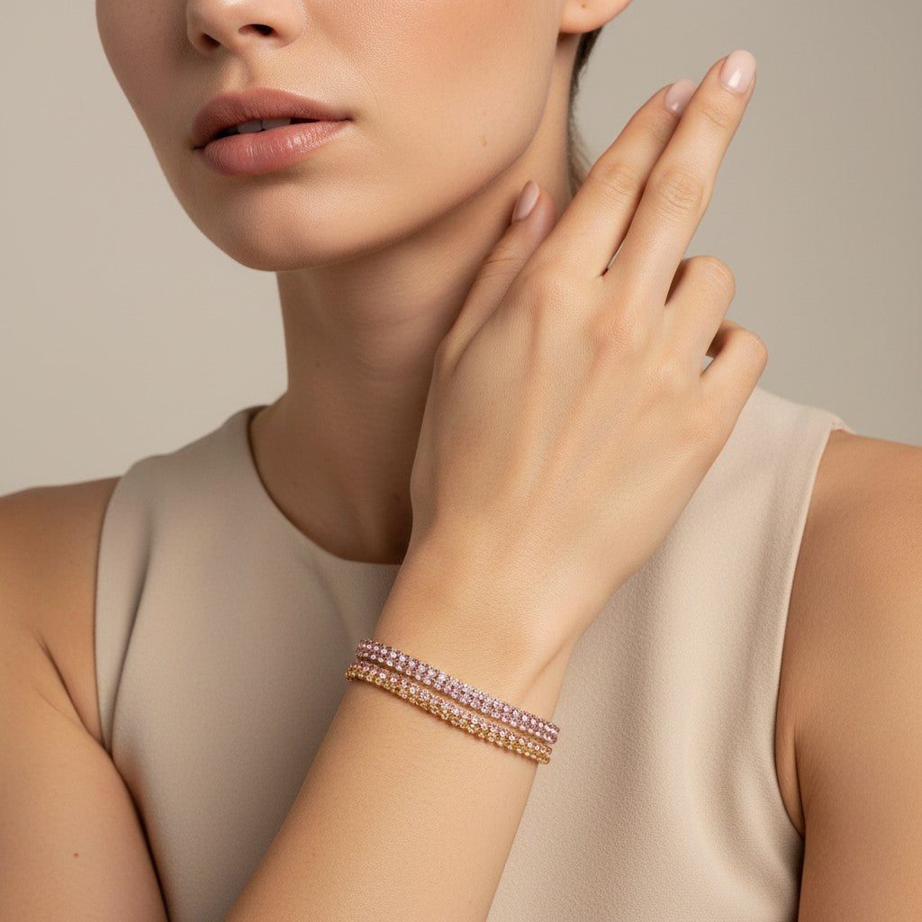 Seraphina Treasures Eidolon bracelet with two delicate layers of pink rhinestones and gold and silver chains.