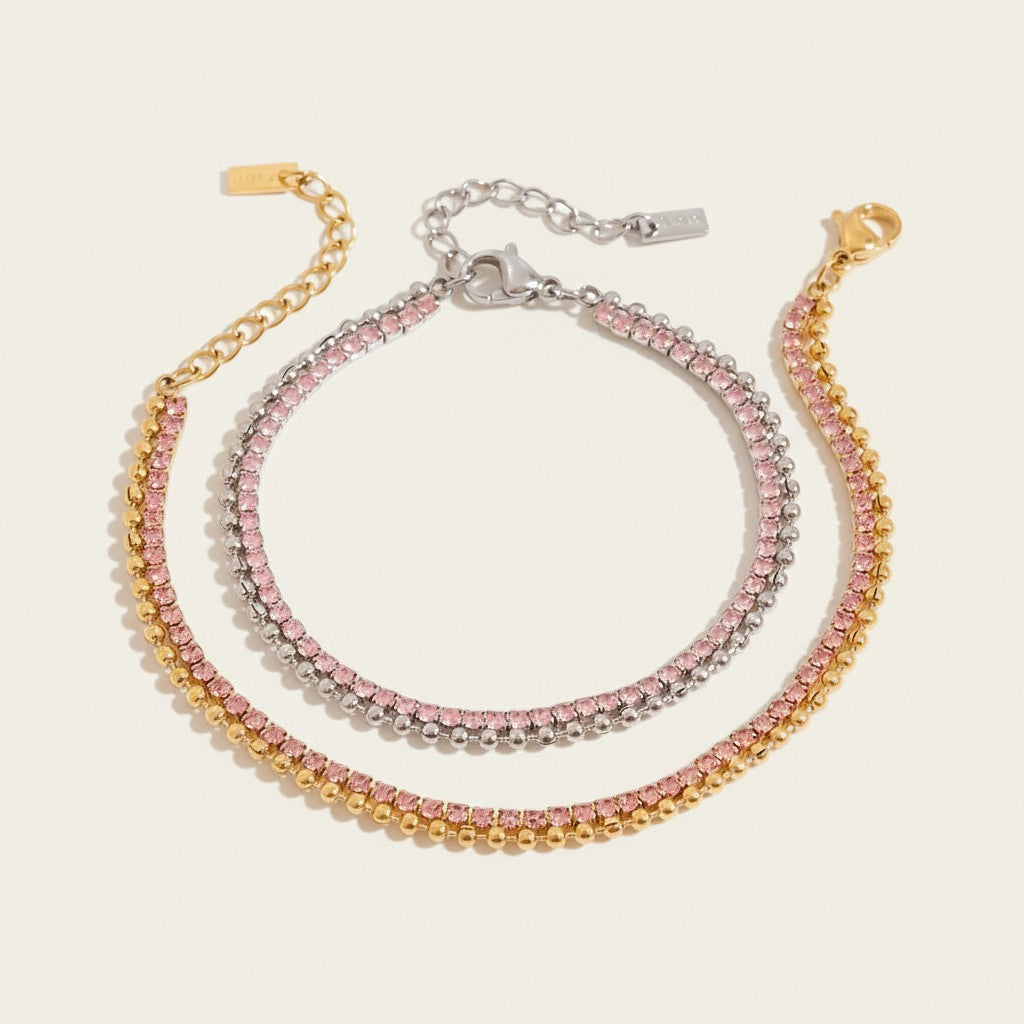 Seraphina Treasures Eidolon bracelet set with two delicate layers of pink rhinestones and gold/silver tone chains.