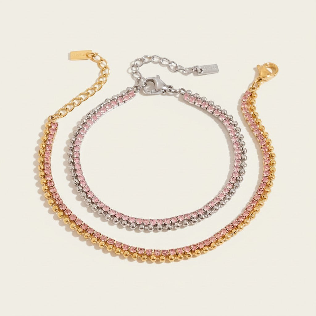 Seraphina Treasures Eidolon bracelet set with two delicate layers of pink rhinestones and gold/silver tone chains.