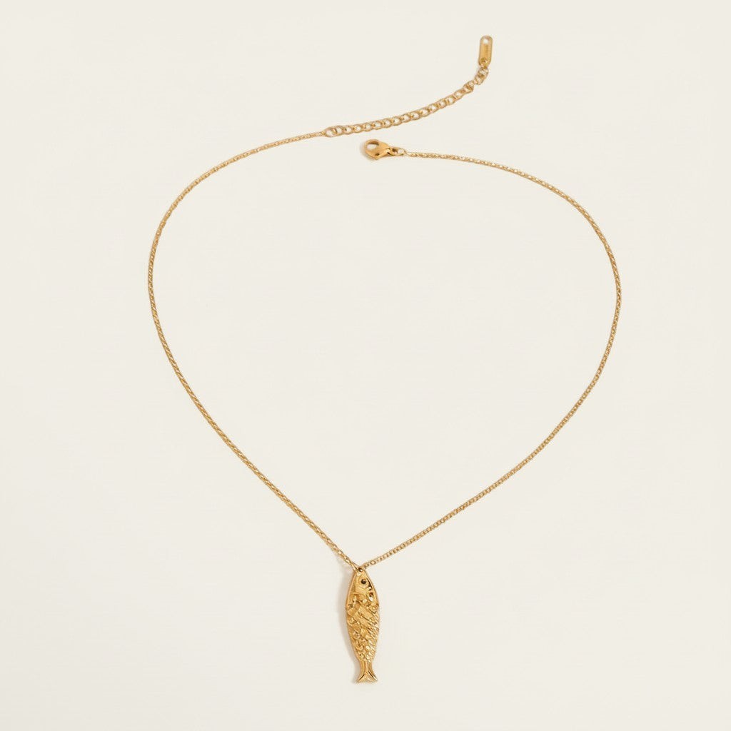 Seraphina Treasures Eira gold carp pendant necklace with fine chain, symbol of good luck and perseverance.