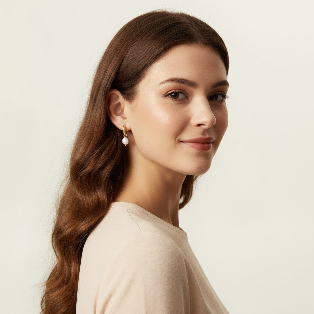 Seraphina Treasures Eirianna gold hoop earrings with pearl drop. Elegant and timeless design.