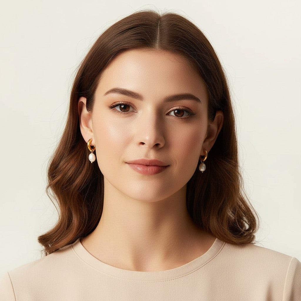 Seraphina Treasures Eirianna gold hoop earrings with pearl drop. Elegant and timeless design.