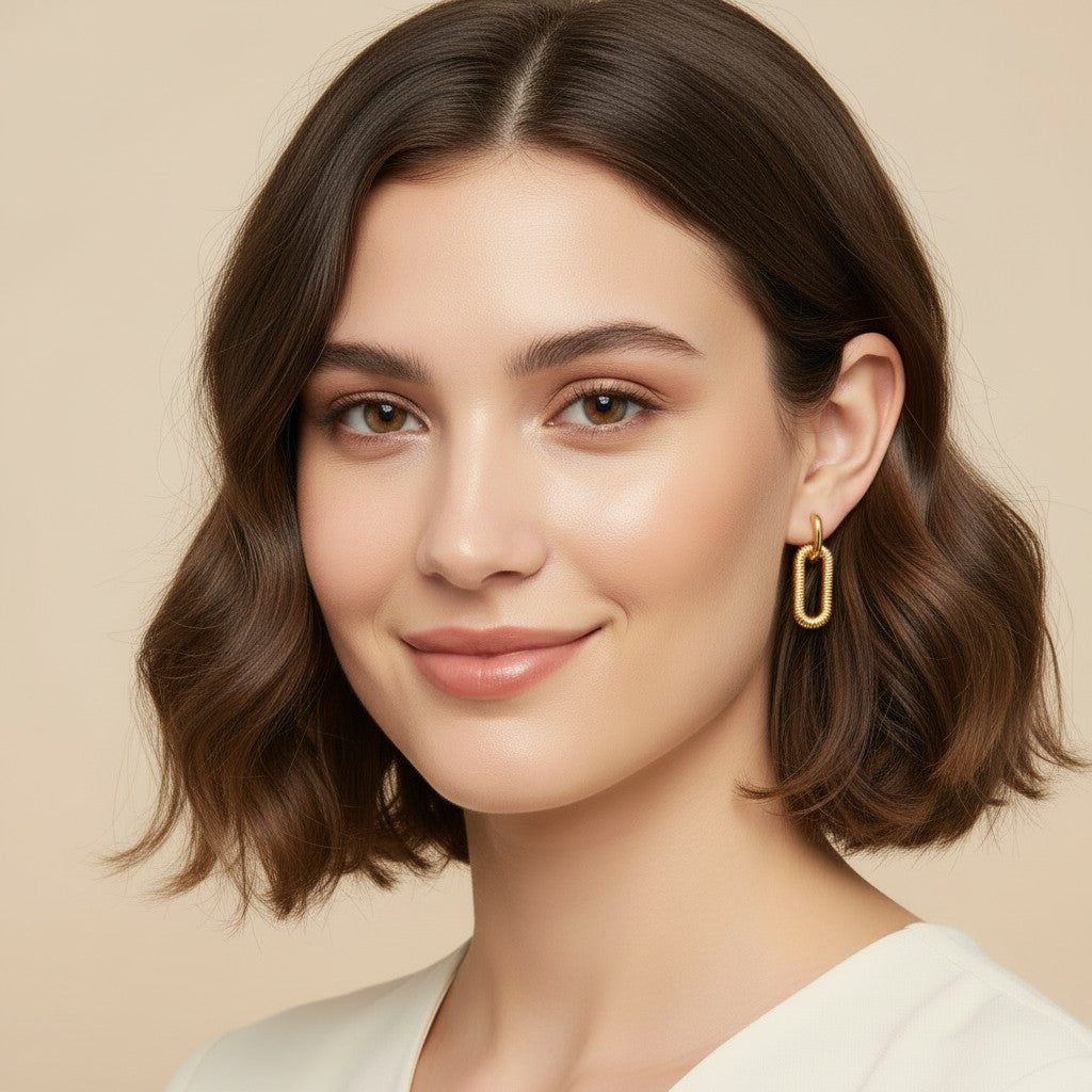 Seraphina Treasures Eirlys gold plated link drop earrings with textured detail.