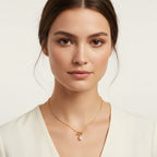 Seraphina Treasures Emberlyn necklace with a gold chain and a single pearl pendant.