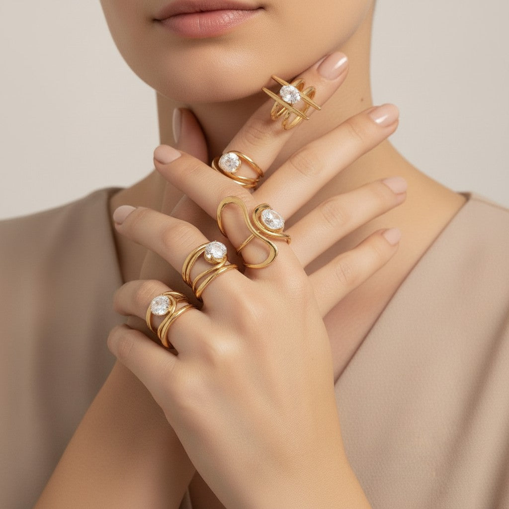 Seraphina Treasures Emerya Rings: set of 5 gold rings with clear cubic zirconia stones, delicate and modern designs.