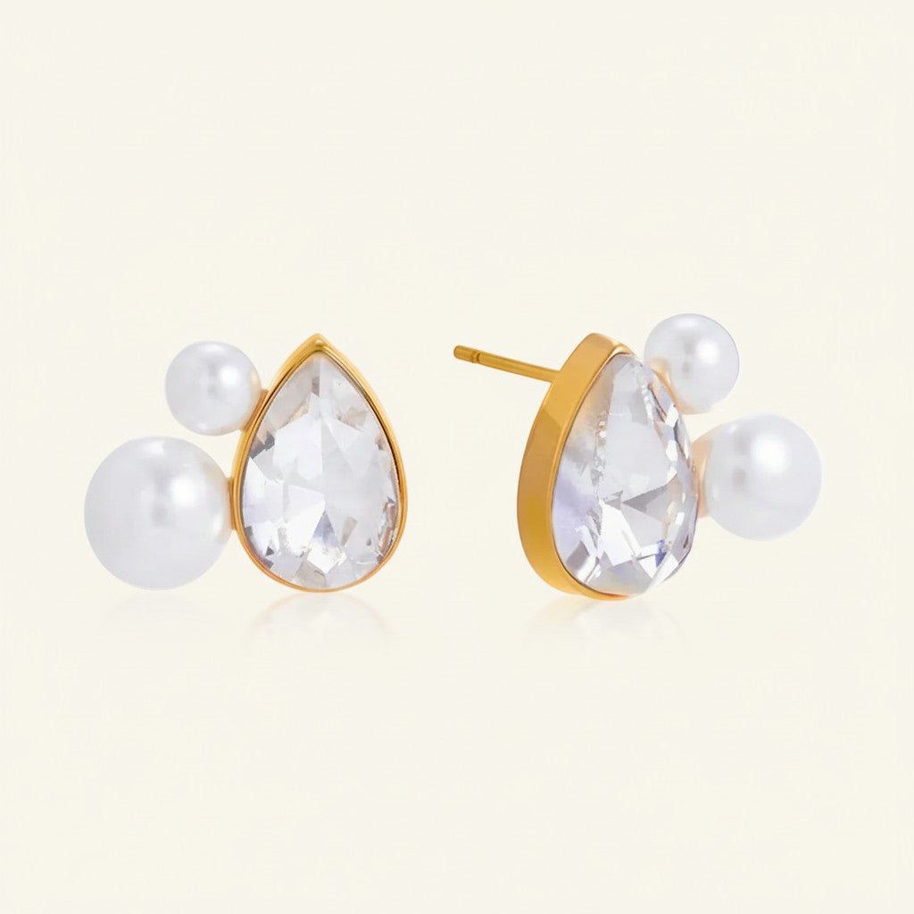 Seraphina Treasures Eosara teardrop earrings with imitation pearls and clear crystals, gold tone.