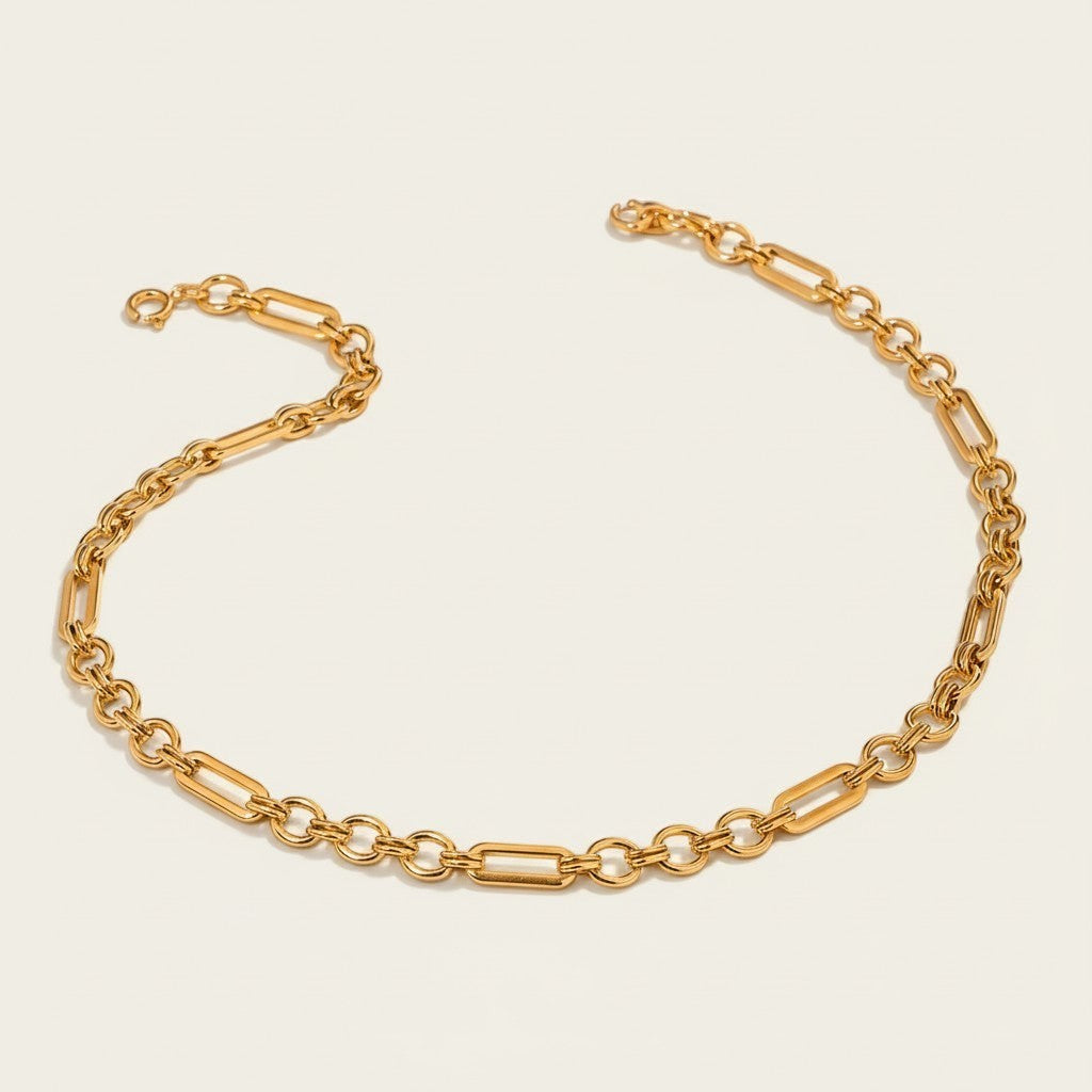 Seraphina Treasures Fenella gold necklace with hollow oval and rectangular links, perfect for layering.