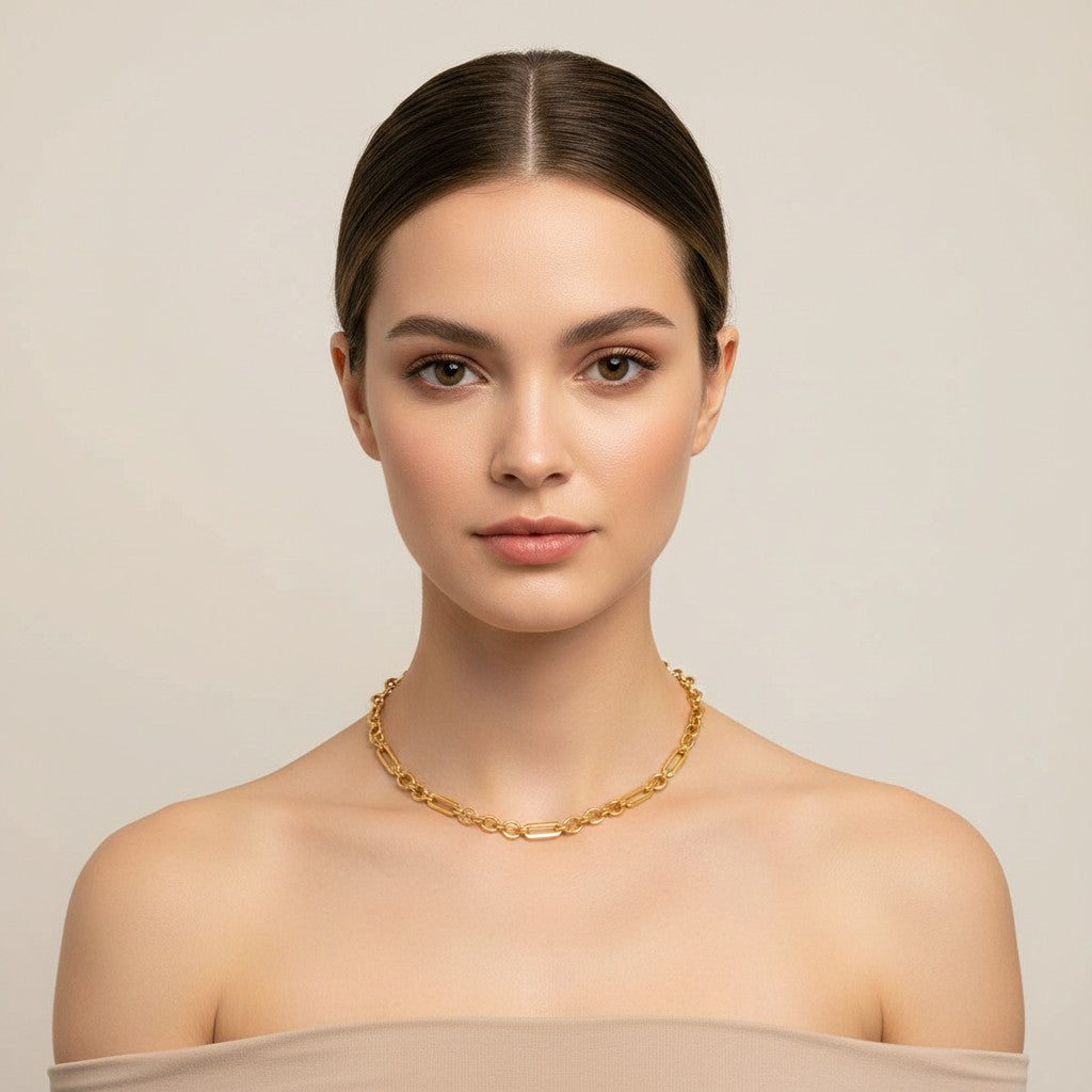 Seraphina Treasures Fenella gold-tone necklace with hollow oval and rectangular links, 40cm length.