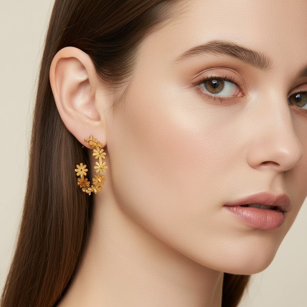 Seraphina Treasures Floriva gold hoop earrings with small flower designs, 3.0cm diameter.