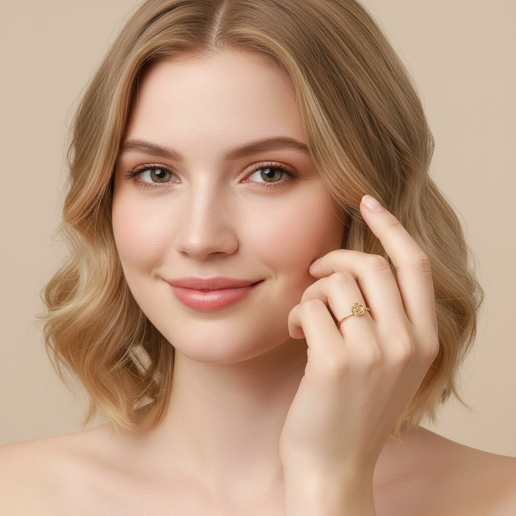 Seraphina Treasures Florivy gold ring with a delicate rose bloom design. Elegant floral jewelry.