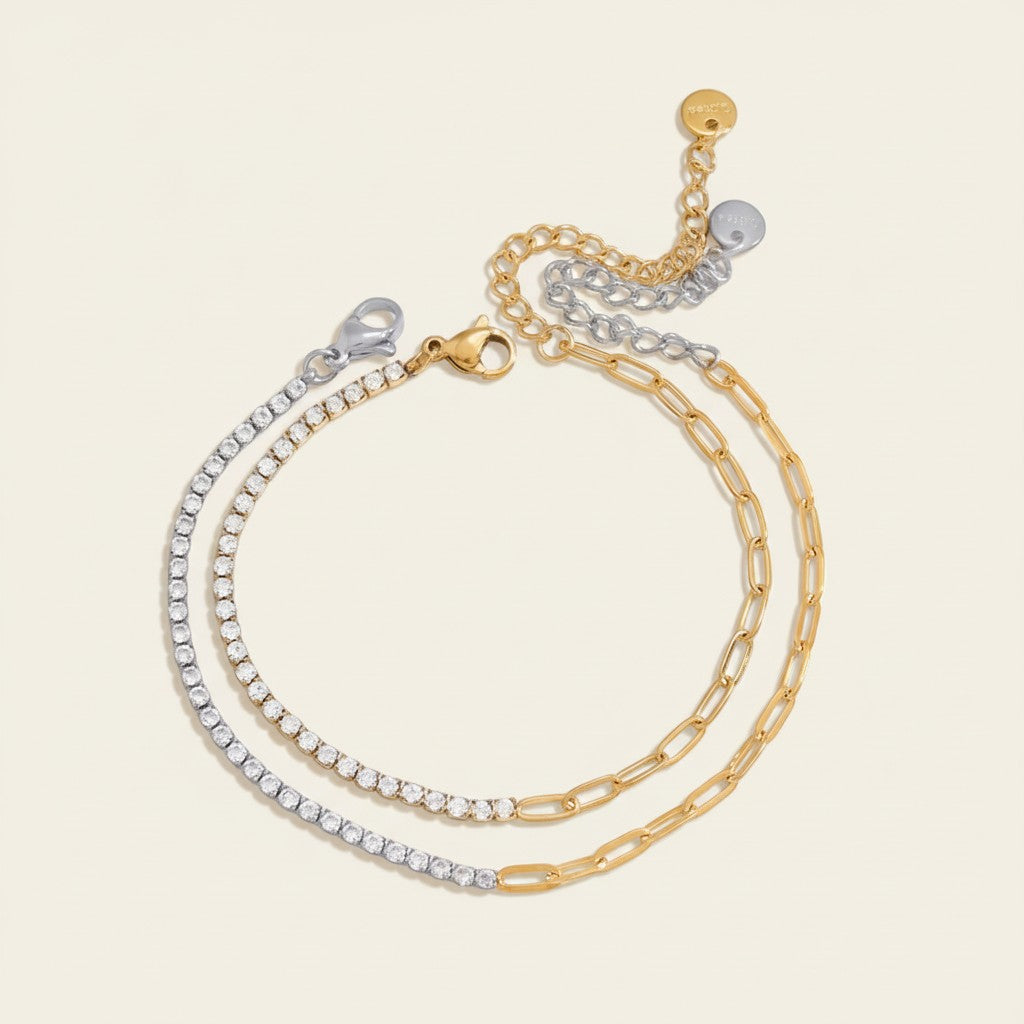 Seraphina Treasures Furies bracelet: two-tone gold and silver chains with crystals and paperclip links. Modern, elegant, adjustable.
