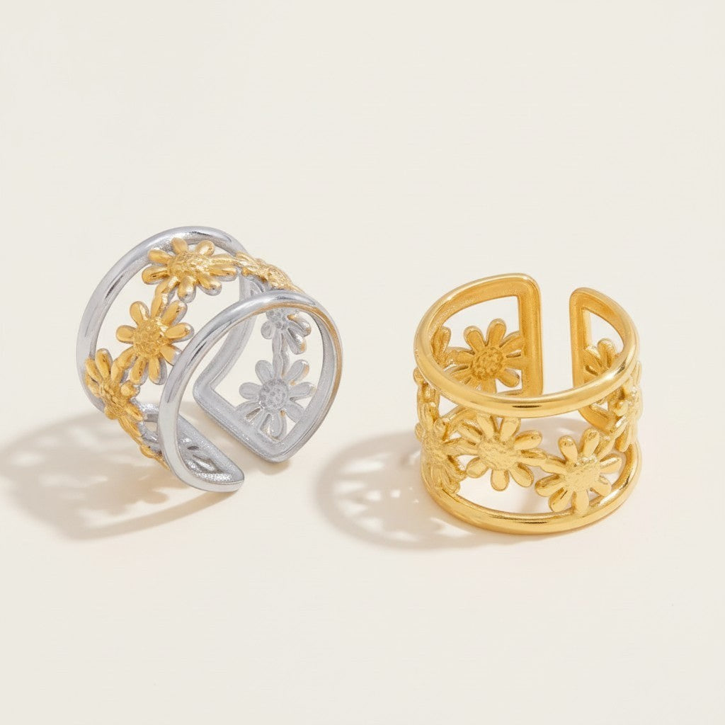 Seraphina Treasures Gaia adjustable rings with daisy flower cutouts in gold and silver tones.