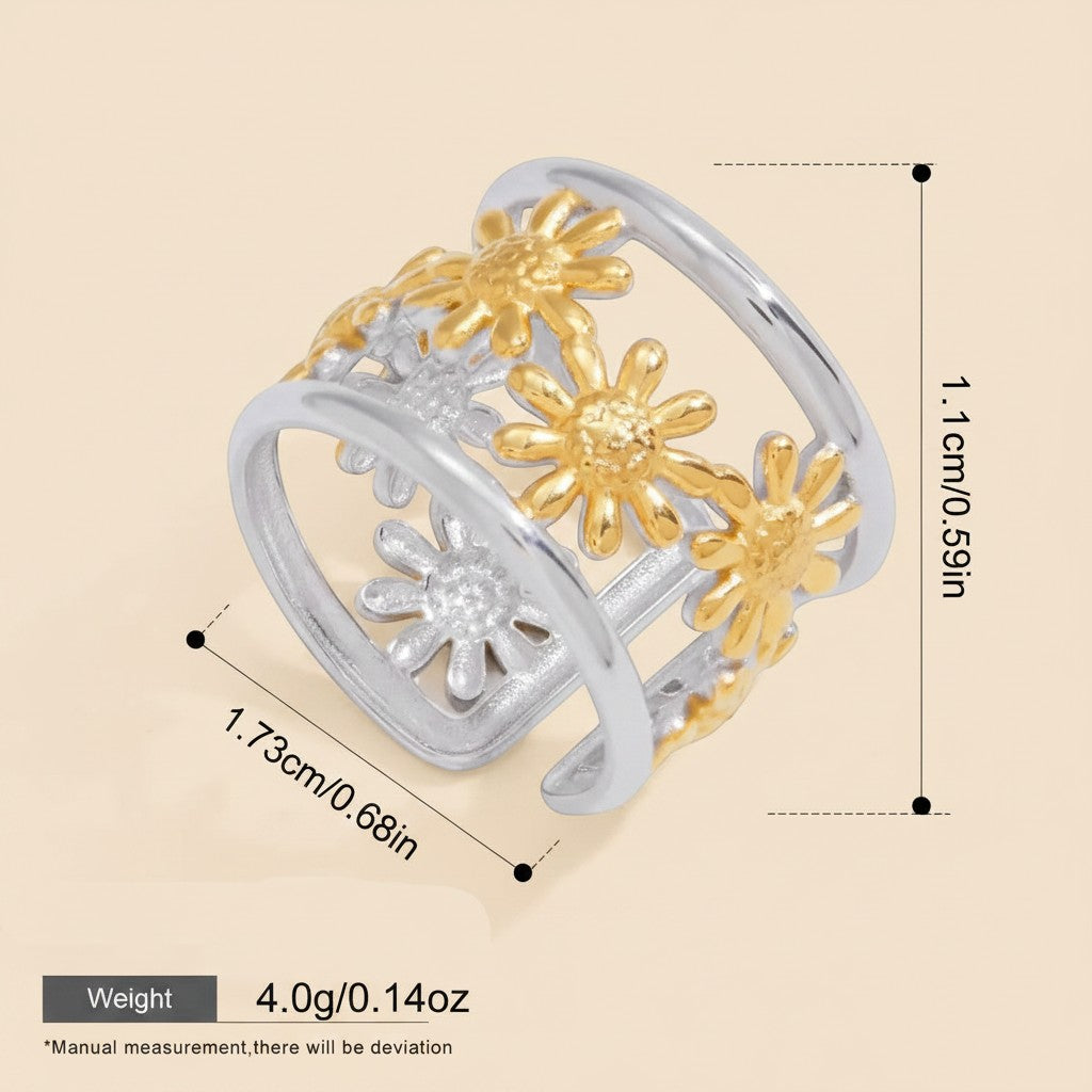 Seraphina Treasures Gaia adjustable open band ring with gold daisy flowers on a silver band.