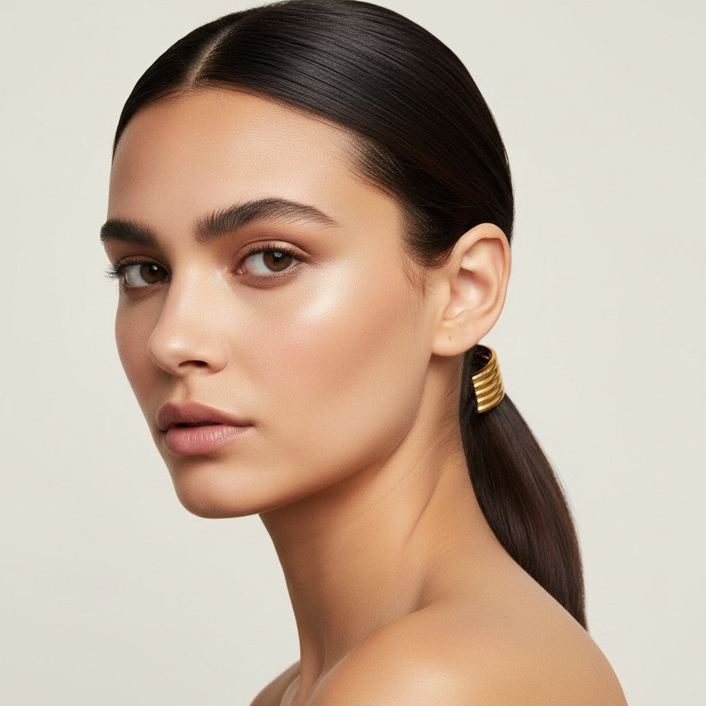 Seraphina Treasures Glintara gold U-shaped multi-layer hollow hair accessories on black elastic bands.