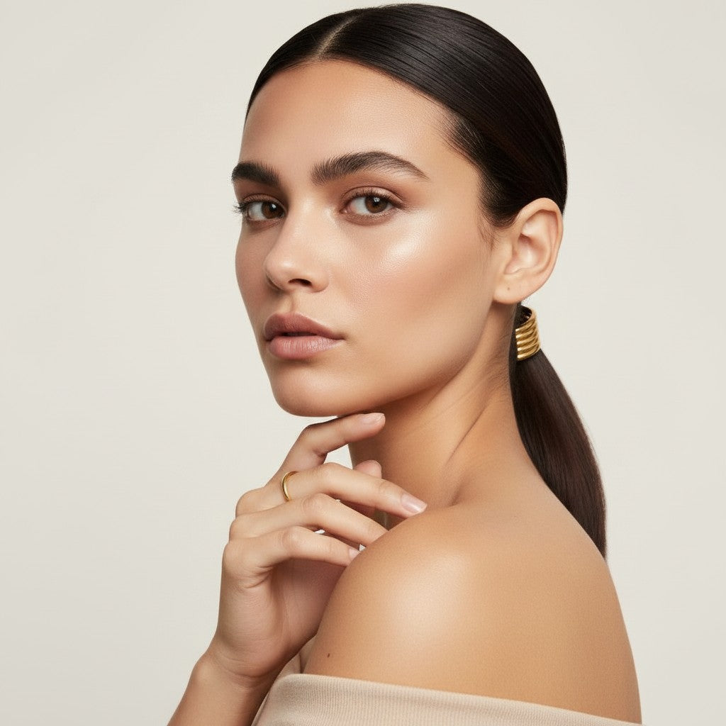 Seraphina Treasures Glintara gold U-shaped multi-layer hollow hair accessory on a woman's ponytail.