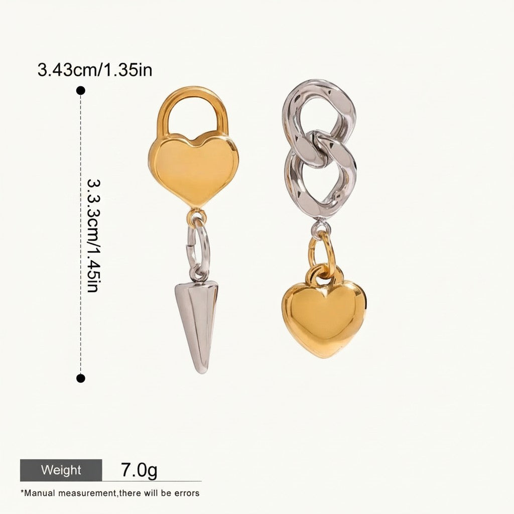 Seraphina Treasures Glyria mismatched earrings with gold heart lock and silver cone, and silver chain with gold heart.