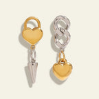 Seraphina Treasures Glyria mismatched earrings with gold heart lock and silver cone, silver chain and gold heart.