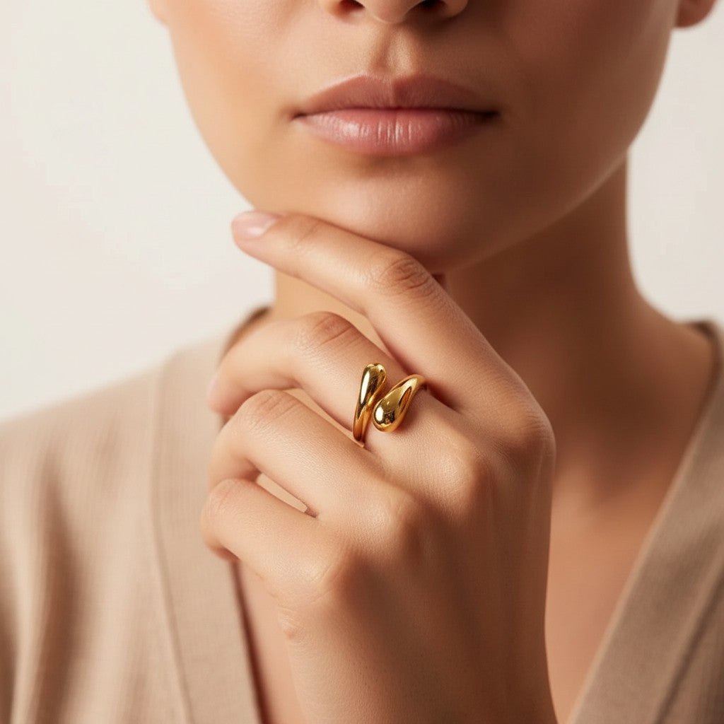 Seraphina Treasures gold open band ring with a chunky, abstract teardrop design. Adjustable for a custom fit.
