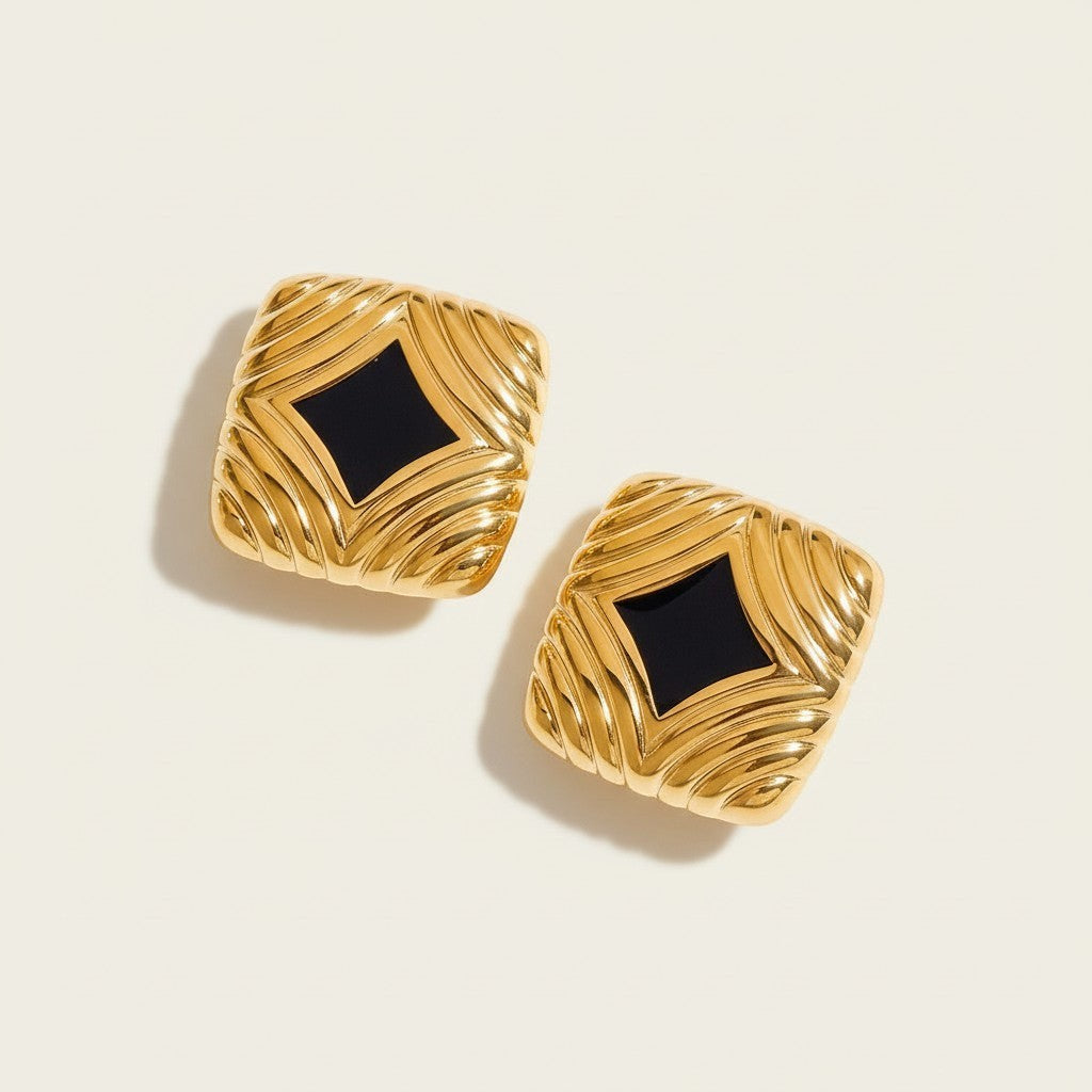 Seraphina Treasures Ophira gold-tone square earrings with black enamel inlay and textured design.