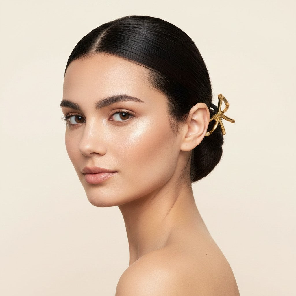 Seraphina Treasures Seris gold metal bow hair tie with black elastic band.