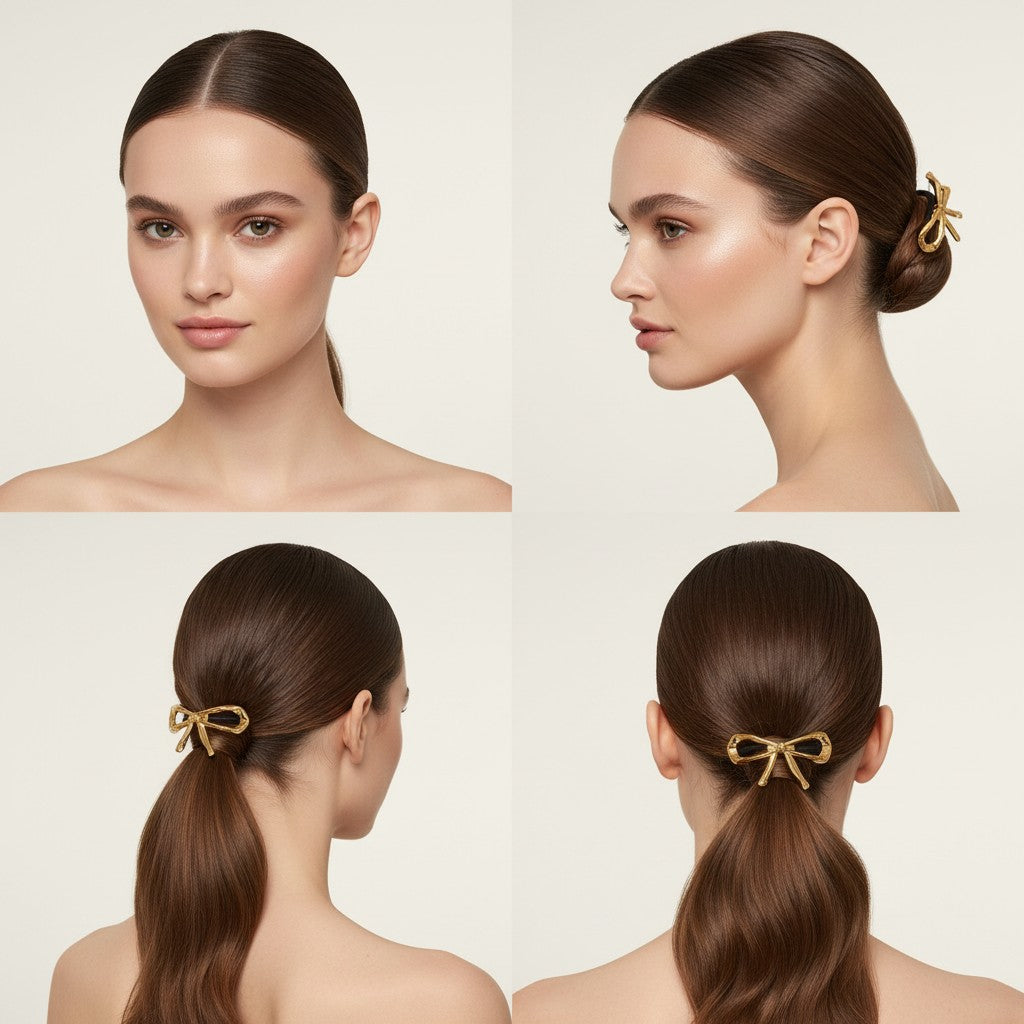 Seraphina Treasures Seris gold metal bow hair tie with black elastic band.