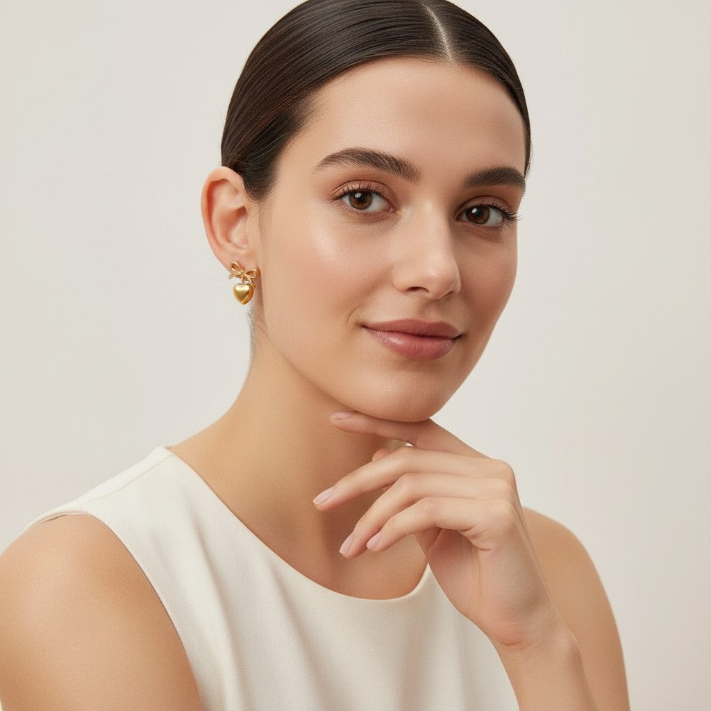 Seraphina Treasures gold-tone bow and heart pendant earrings, delicate and charming.
