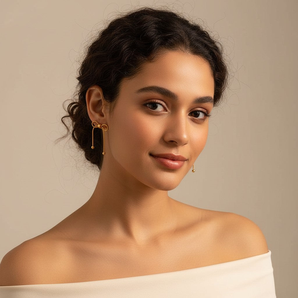 Seraphina Treasures gold bow tassel earrings and necklace set. Delicate gold metal jewelry.