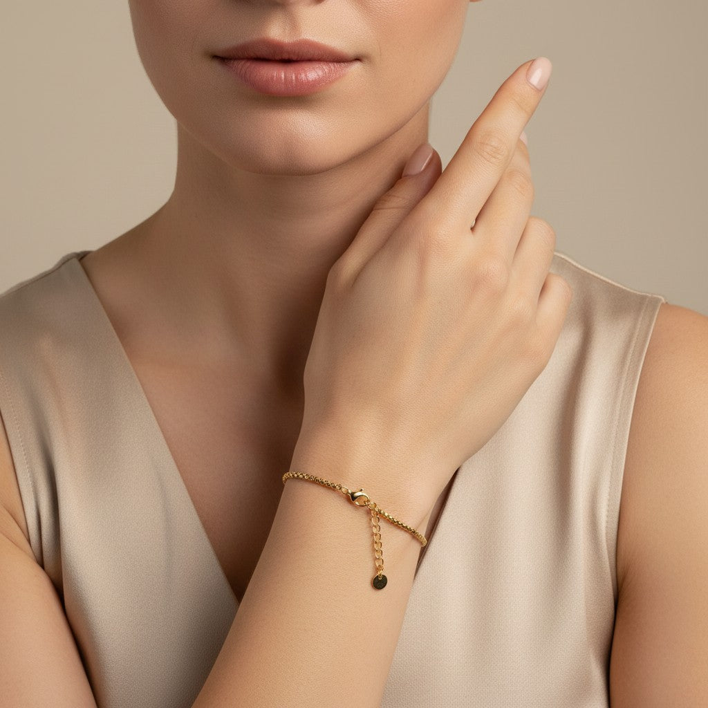 Seraphina Treasures gold plated stainless steel box chain bracelet with adjustable clasp and disc charm.