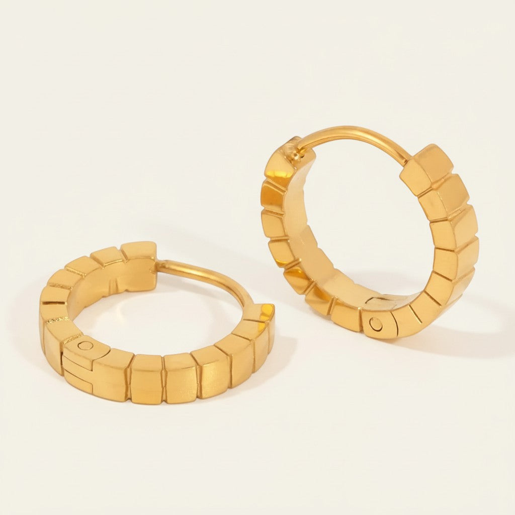 Seraphina Treasures gold hoop earrings with a modern brick pattern, perfect for everyday wear.