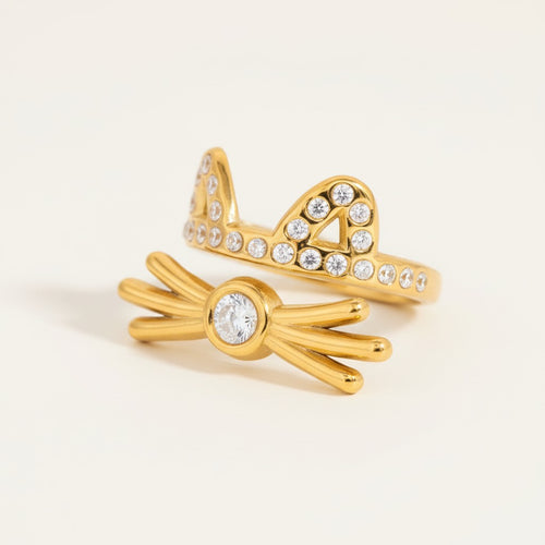 Seraphina Treasures gold cat ear ring with clear crystals and a central diamond accent. Adjustable open design.