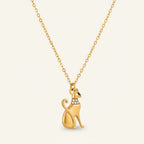 Seraphina Treasures gold cat necklace with crystal collar and black eye detail. Elegant feline pendant on a delicate chain.