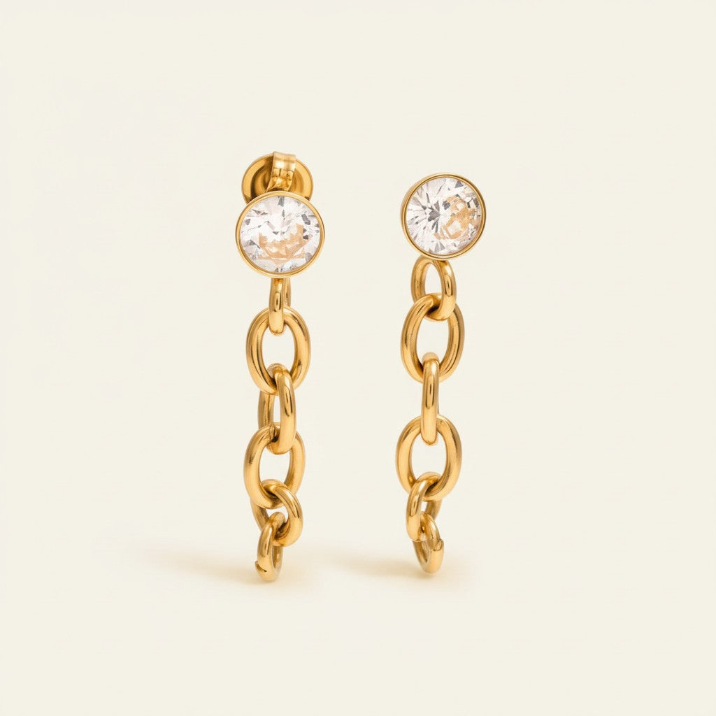 Seraphina Treasures Helessia gold chain drop earrings with clear crystal studs. Elegant dangle earrings.