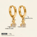 Seraphina Treasures gold hoop earrings with cubic zirconia cherry charms. Waterproof and hypoallergenic.