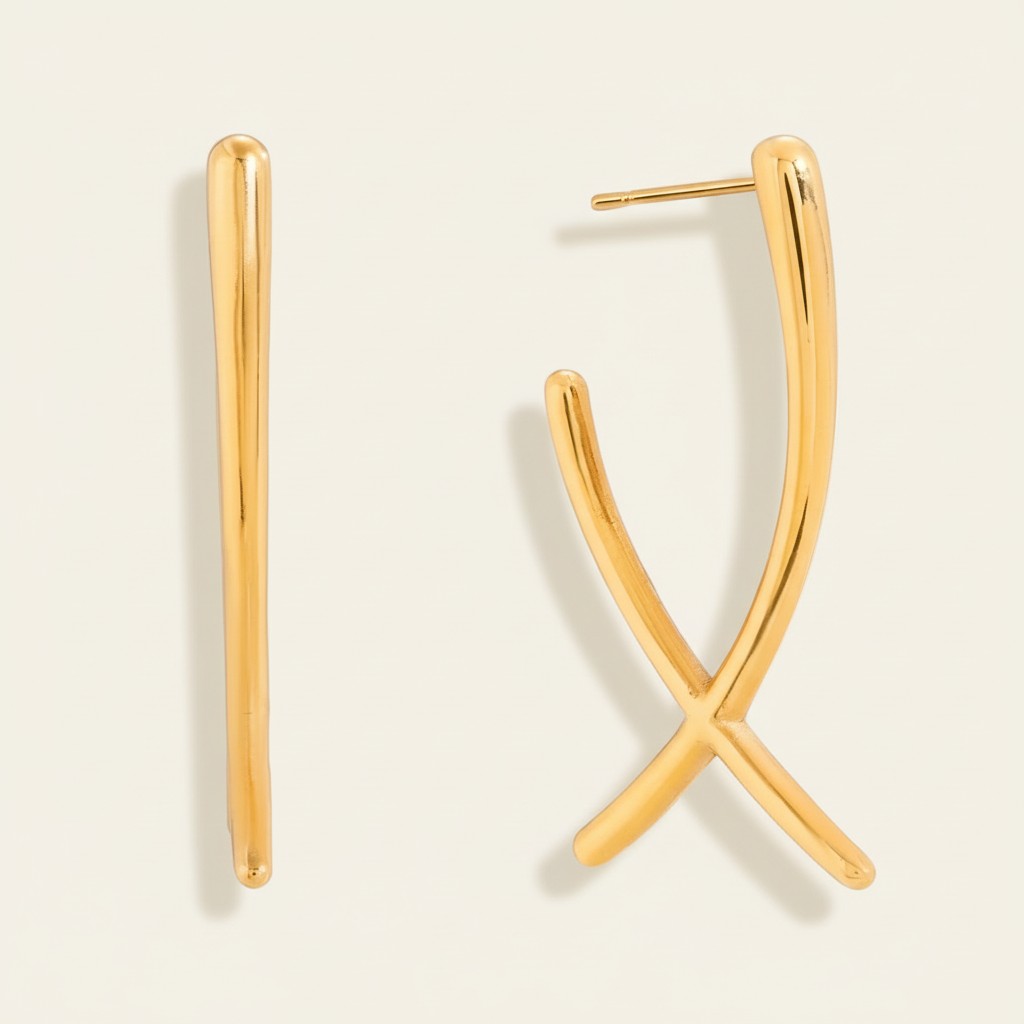 Seraphina Treasures Thaleira gold-plated brass abstract crossover stud earrings.
