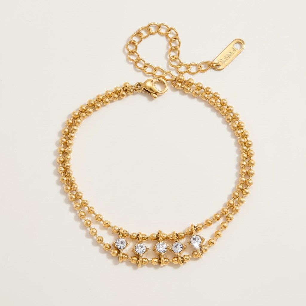 Seraphina Treasures gold double ball chain bracelet with clear crystals. Adjustable.