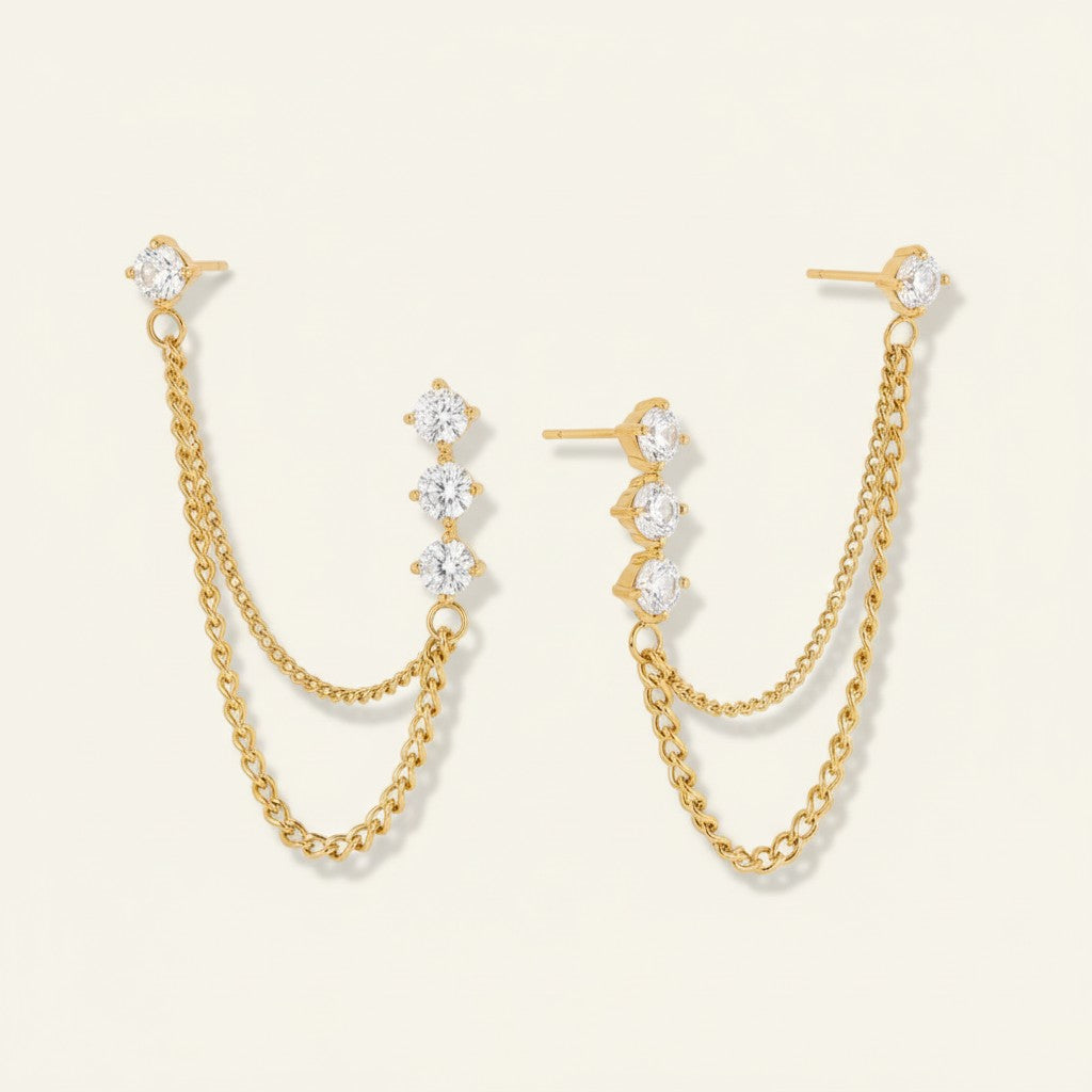 Seraphina Treasures gold chain drop earrings with cubic zirconia stones. Dainty and elegant.