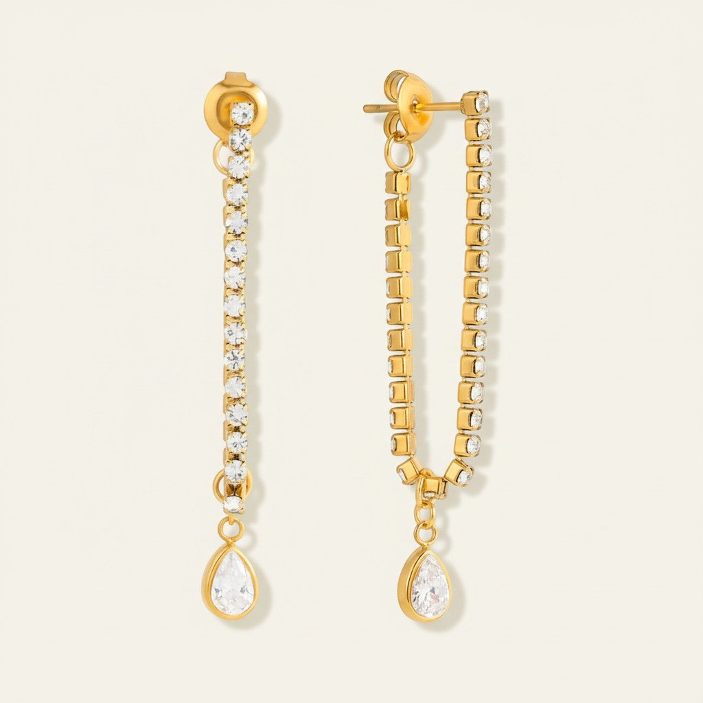 Seraphina Treasures gold-tone drop earrings with cubic zirconia, featuring a delicate water drop design and tennis chain.