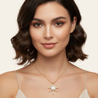 Seraphina Treasures gold necklace with teardrop cubic zirconia pendant surrounded by starburst rays and small clear stones.