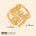Seraphina Treasures gold-tone open band ring with daisy flower design. Adjustable, hypoallergenic.