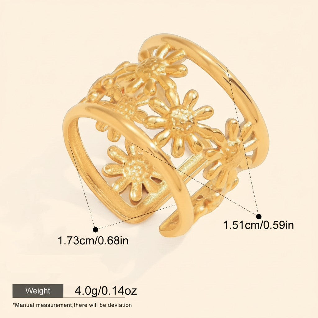 Seraphina Treasures gold-tone open band ring with daisy flower design. Adjustable, hypoallergenic.