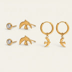 Seraphina Treasures gold-tone 3-pair earring set with peace dove and zircon stud designs.
