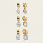 Seraphina Treasures gold drop earrings with clear cubic zirconia in pear, round, and princess cuts.