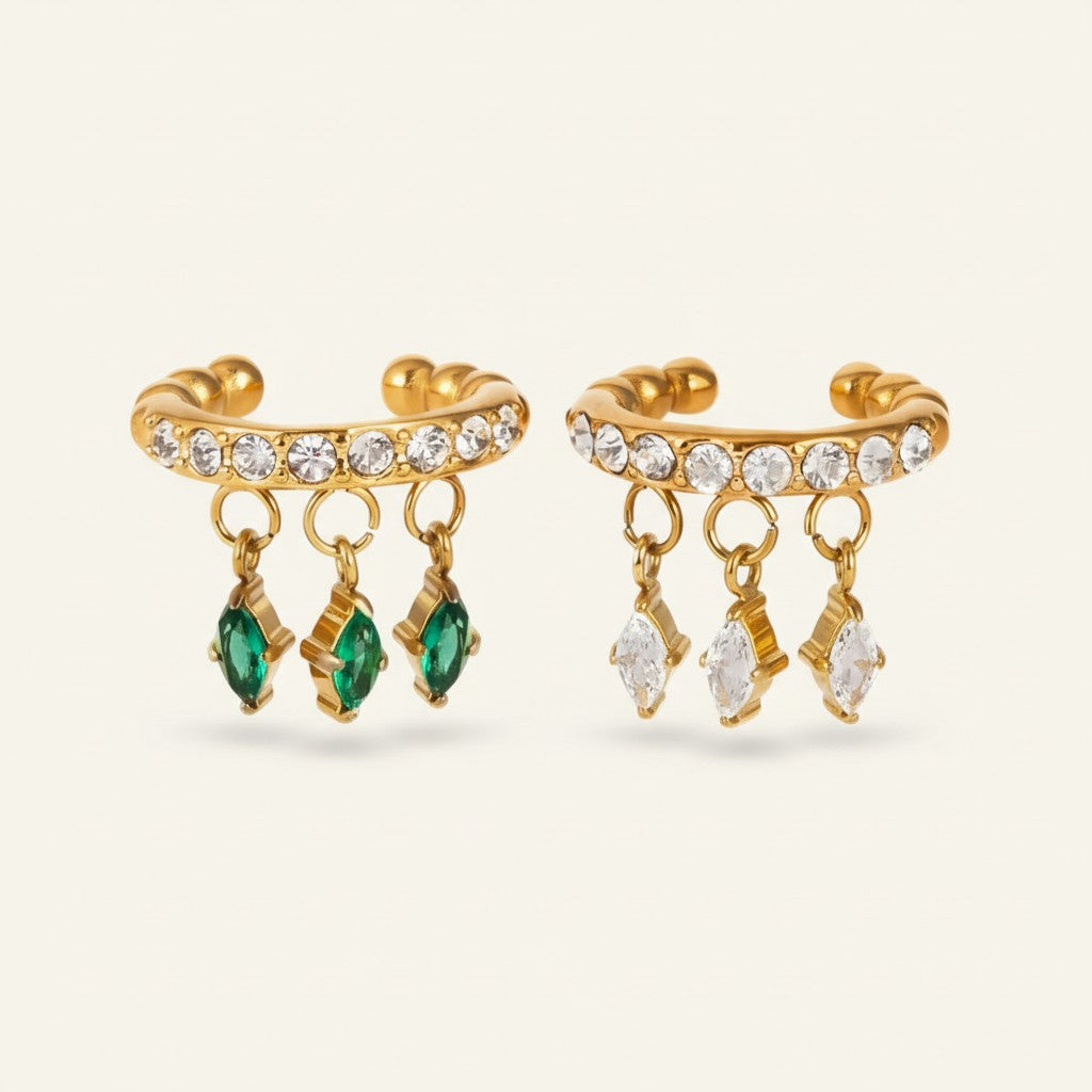 Seraphina Treasures gold ear clip with clear and green marquise-cut zircon stones, no piercing needed.