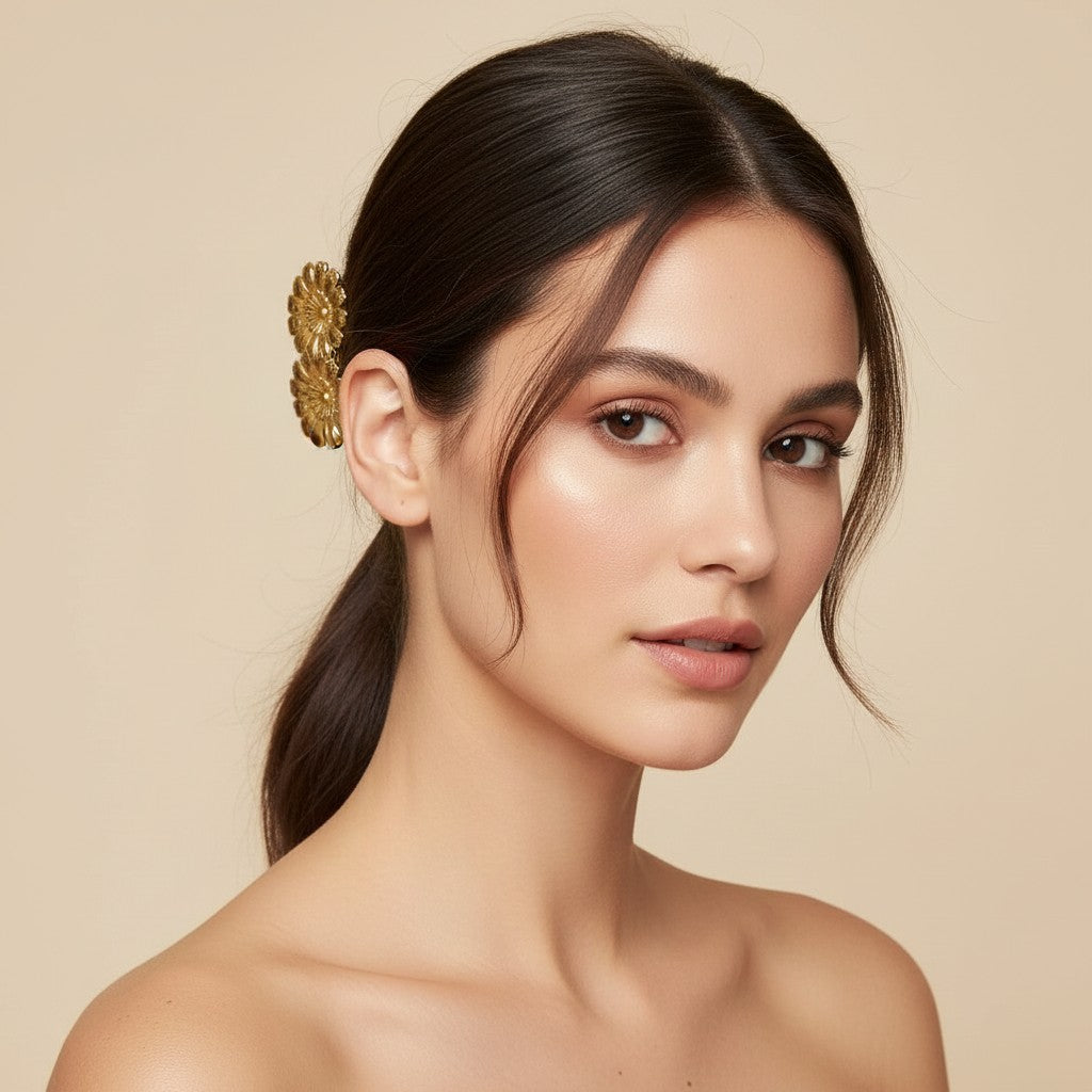Seraphina Treasures gold floral barrette with three daisy-shaped charms and glossy finish.