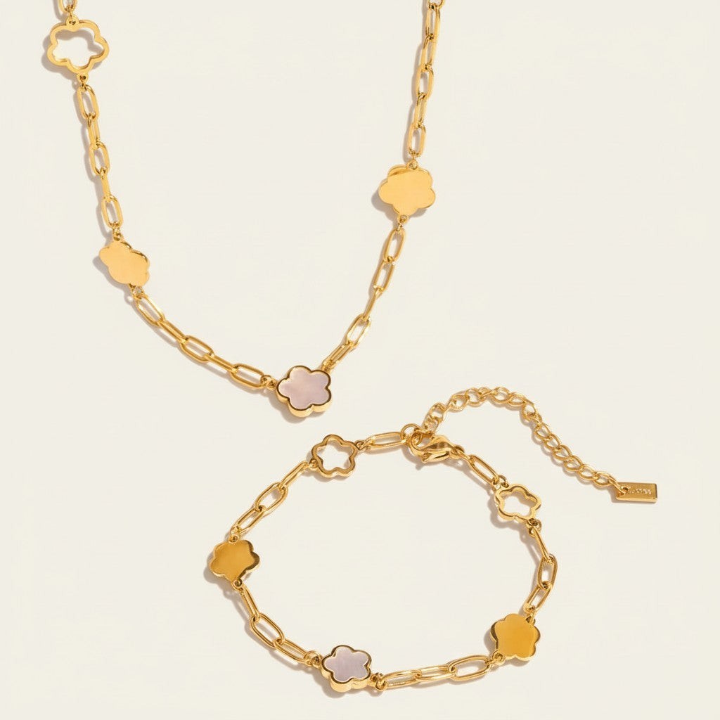 Seraphina Treasures gold-tone jewelry set with flower-shaped charms and mother-of-pearl inlays.