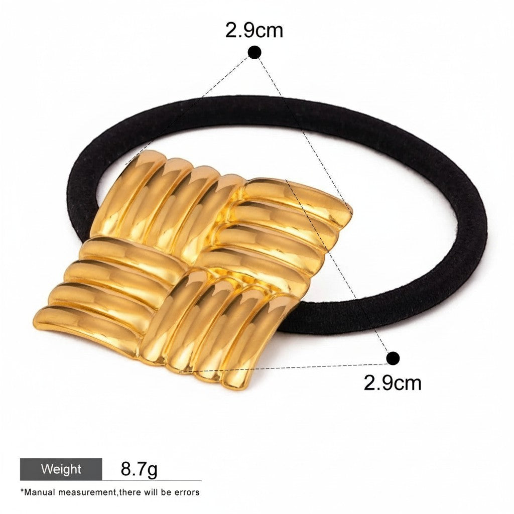 Seraphina Treasures Seshat gold square ribbed hair tie with black elastic band.